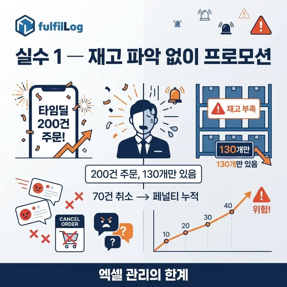 재고 파악 없이 프로모션 →품절 사고 설명 이미지