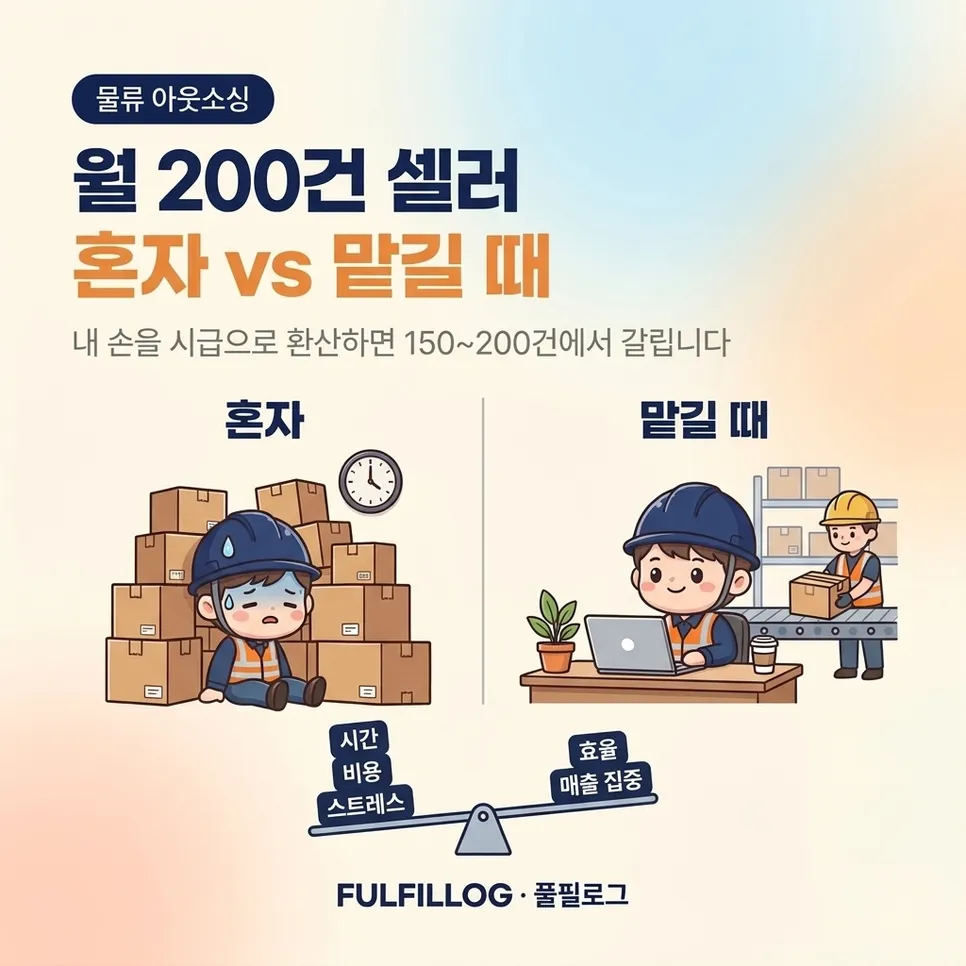 월 200건 셀러, 직접 처리와 맡길 때 계산 설명 이미지
